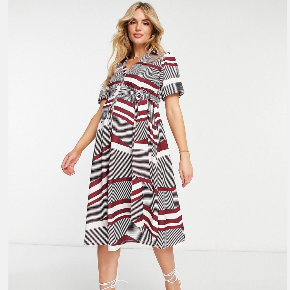 ASOS DESIGN Maternity belted midi shirt dress in red stripe